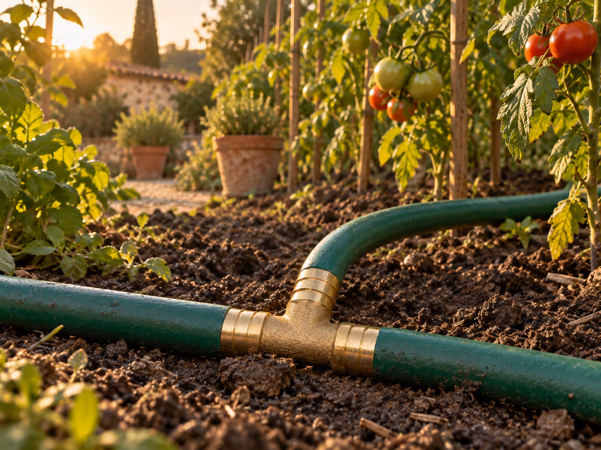 Tuyau d'arrosage vert dérivé en deux lignes au potager par un raccord en T laiton, plants de tomates au soleil couchant
