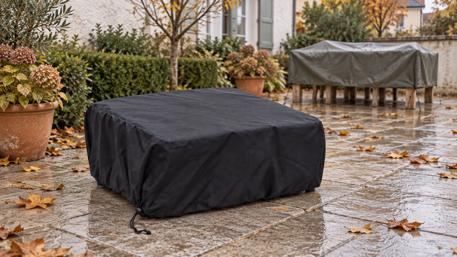 Un grill de table noir sous sa housse à cordon, sur une terrasse dallée, une bâche plate tendue sur une table voisine en octobre