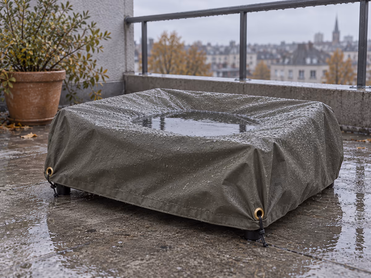 Une bâche souple tendue sur un grill de table, creusée d'une flaque au centre après la pluie, sur un balcon en béton gris