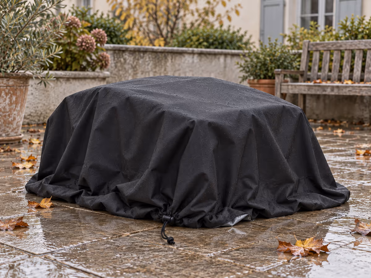 Une housse noire trop large qui pend en plis souples autour d'un petit grill de table, ourlet posé sur des dalles mouillées