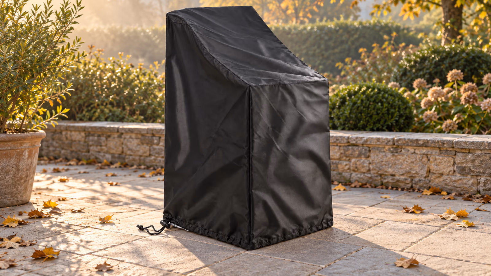 Housse noire posée sur une pile de chaises de jardin, ourlet froncé et cordon serré au pied, terrasse en dalles par une matinée d'automne