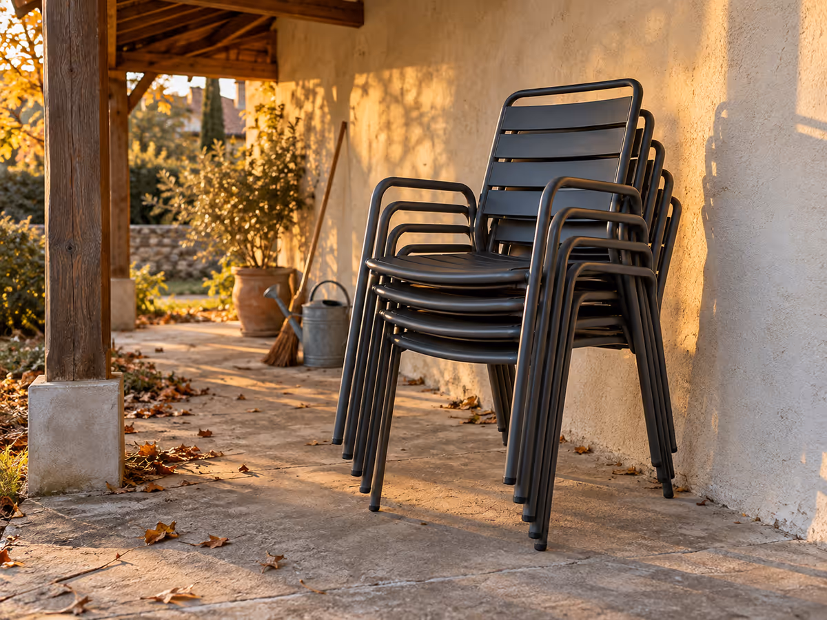 Pile de chaises de jardin rangée sous un auvent de bois, contre un mur, lumière rasante de fin d'après-midi et feuilles mortes au sol