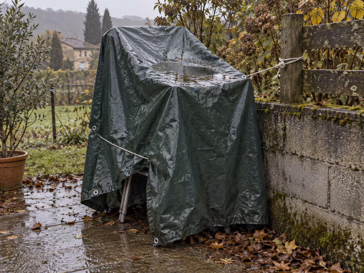 Bâche plastique verte tendue sur une pile de chaises contre un mur de clôture, corde passée dans les œillets, flaque dans le creux de la toile