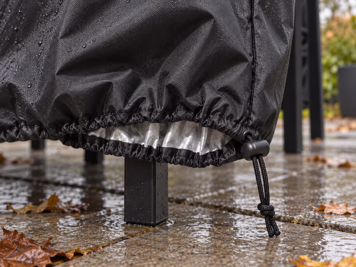 Ourlet froncé d'une housse noire traversé par un cordon de serrage et son bloqueur plastique, au pied d'une pile de chaises sur des dalles mouillées