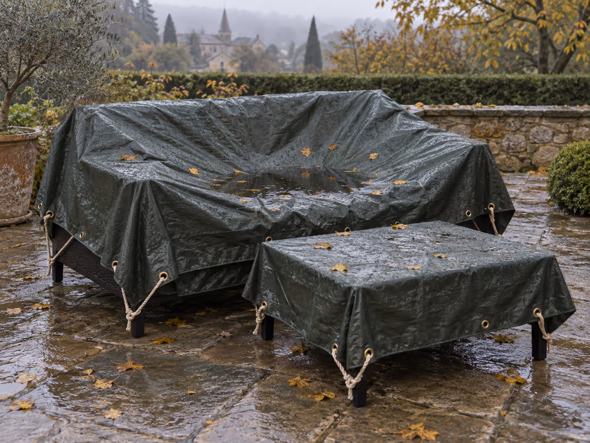 Bâche plastique tendue sur un salon de jardin, creux plein d'eau entre le dossier et l'assise, corde dans les œillets