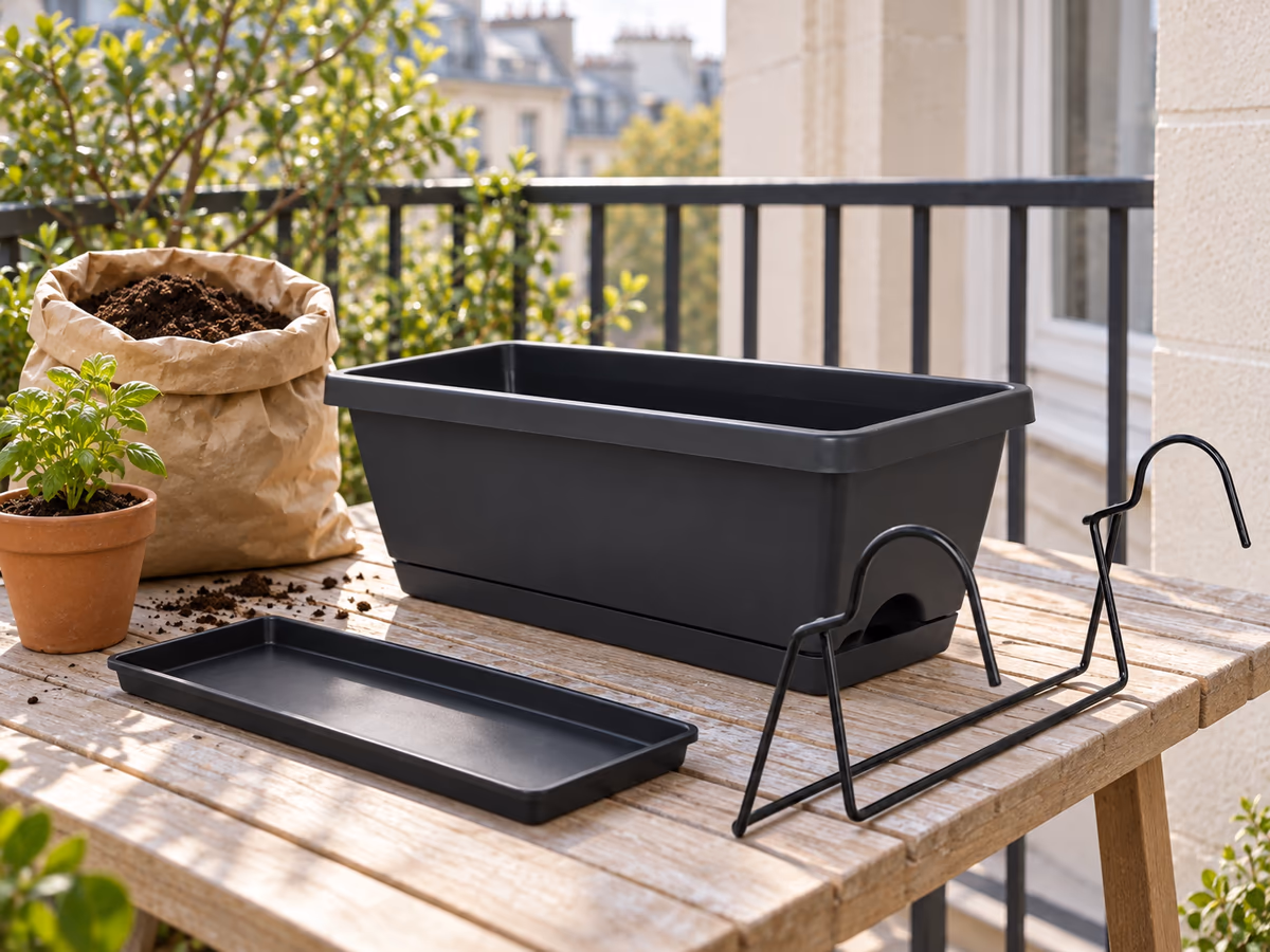 Bac vide de jardinière posé sur une table de balcon, sac de terreau ouvert à côté et petit pot de plants prêt à être repiqué