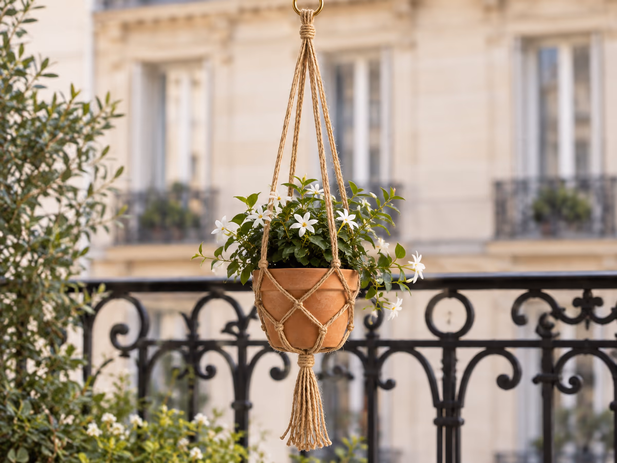 Pot de fleurs tenu par une suspension en macramé de jute devant un garde-corps de balcon, sans coupelle sous le pot