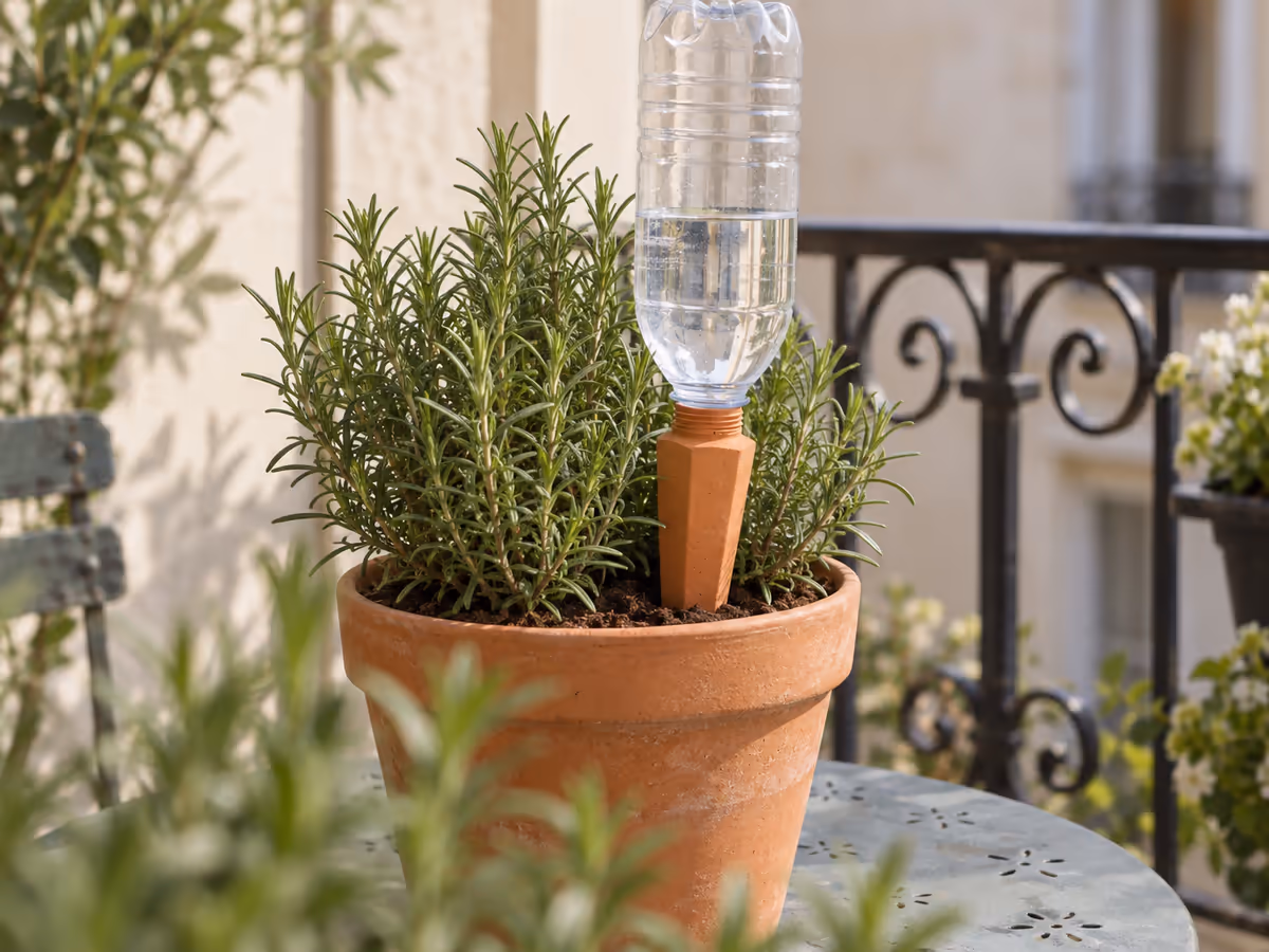 Pique en terre cuite poreuse plantée dans un pot de romarin sur une table de balcon, bouteille d'eau vissée au-dessus, feuillage au premier plan