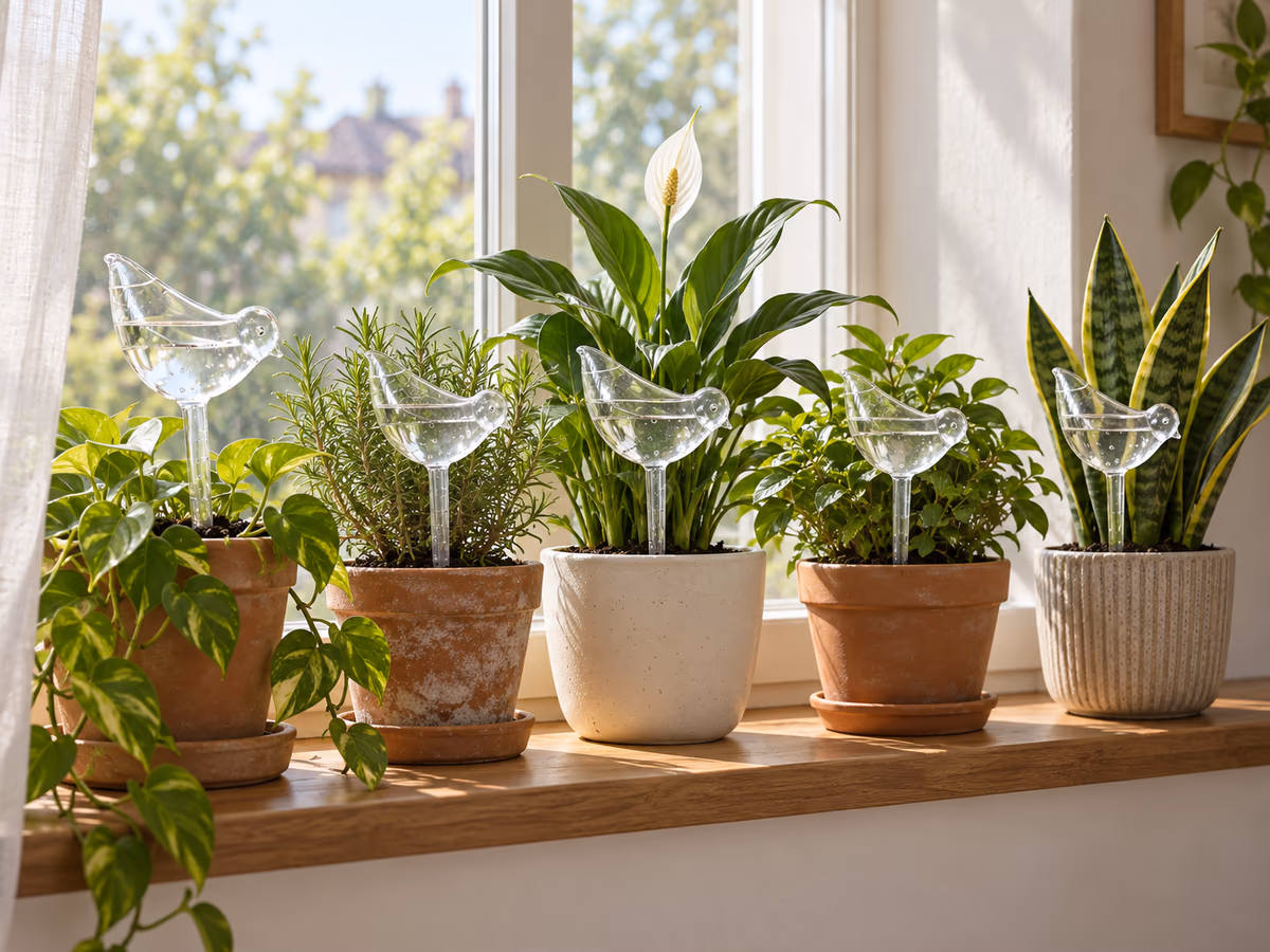 Cinq globes d'arrosage en forme d'oiseau plantés dans des pots de plantes vertes alignés sur un rebord de fenêtre à l'intérieur