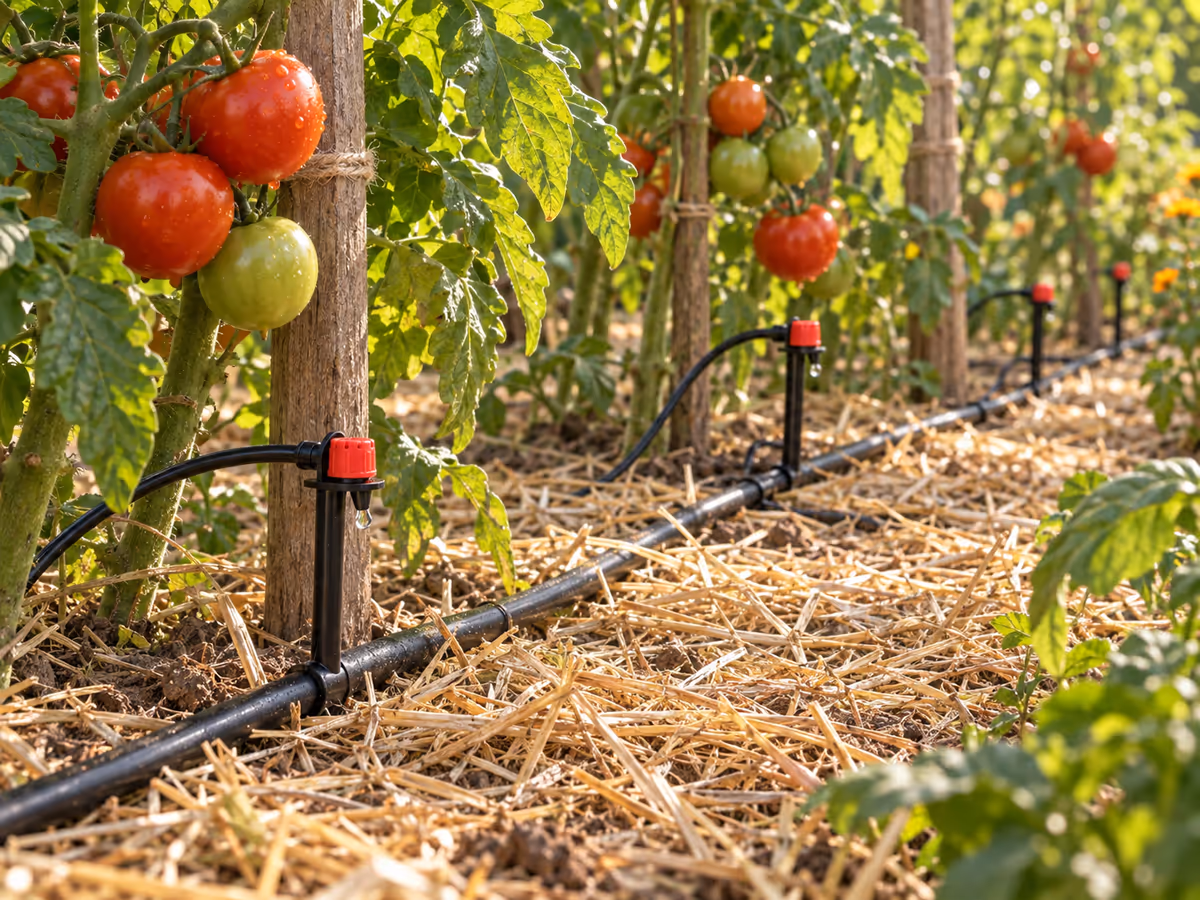 Ligne de goutte-à-goutte noire courant au pied de rangs de tomates paillées, goutteurs piqués dans le sol
