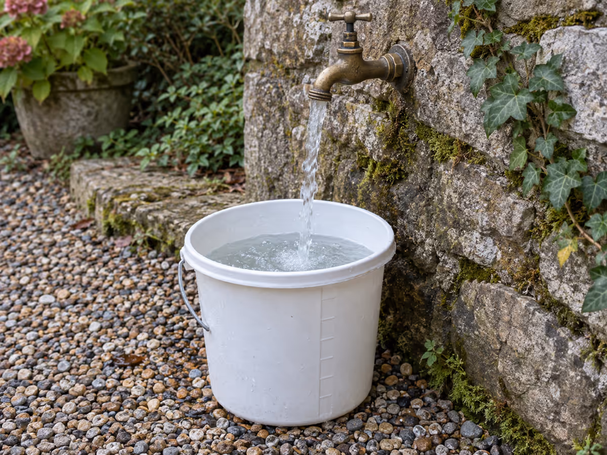 Seau gradué de 5 litres posé sous un robinet extérieur ouvert, jet d'eau dans le seau, allée de graviers et mur de pierre