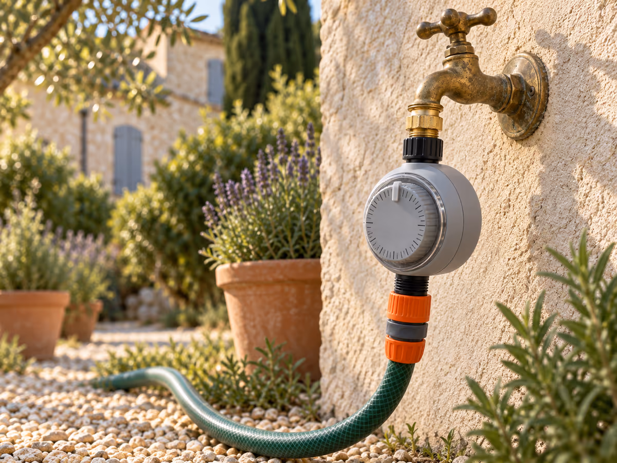 Minuteur mécanique rotatif vissé sur un robinet de jardin en laiton