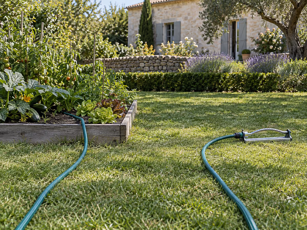 Deux tuyaux d'arrosage déroulés sur une pelouse, l'un vers un potager, l'autre vers un arroseur oscillant
