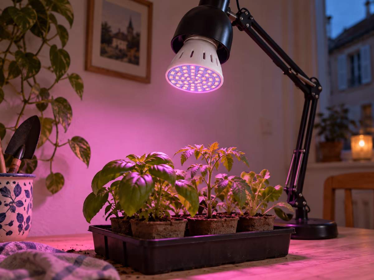 Ampoule horticole à lumière rose vissée dans une lampe articulée, orientée vers un petit plateau de jeunes plants