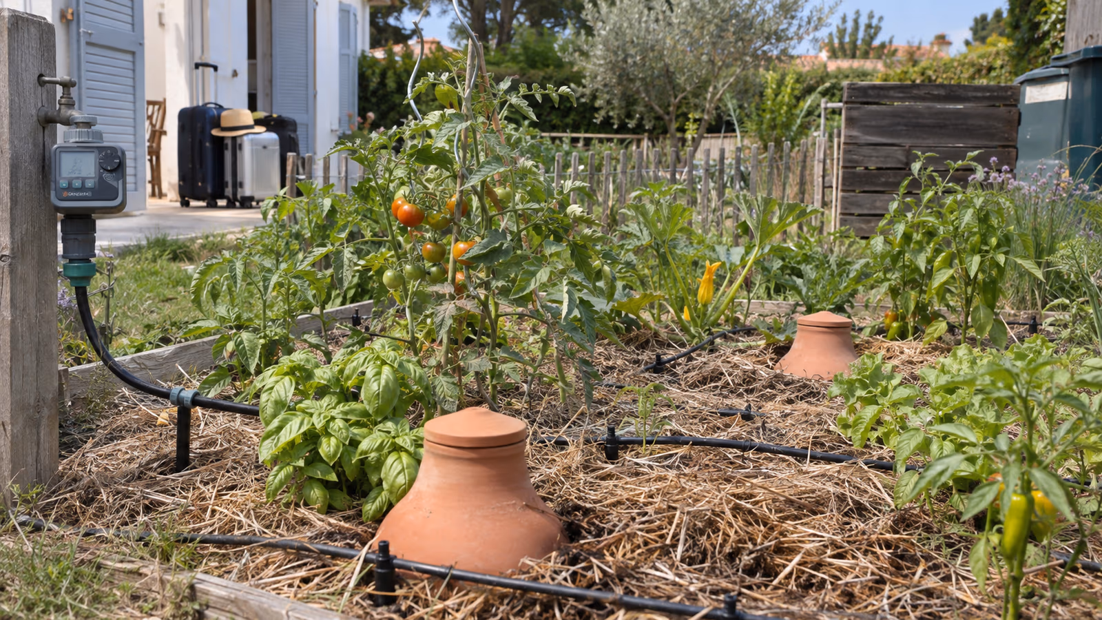 Potager familial paille avec oyas en terre cuite, goutte a goutte et programmateur installes avant un départ en vacances d'été