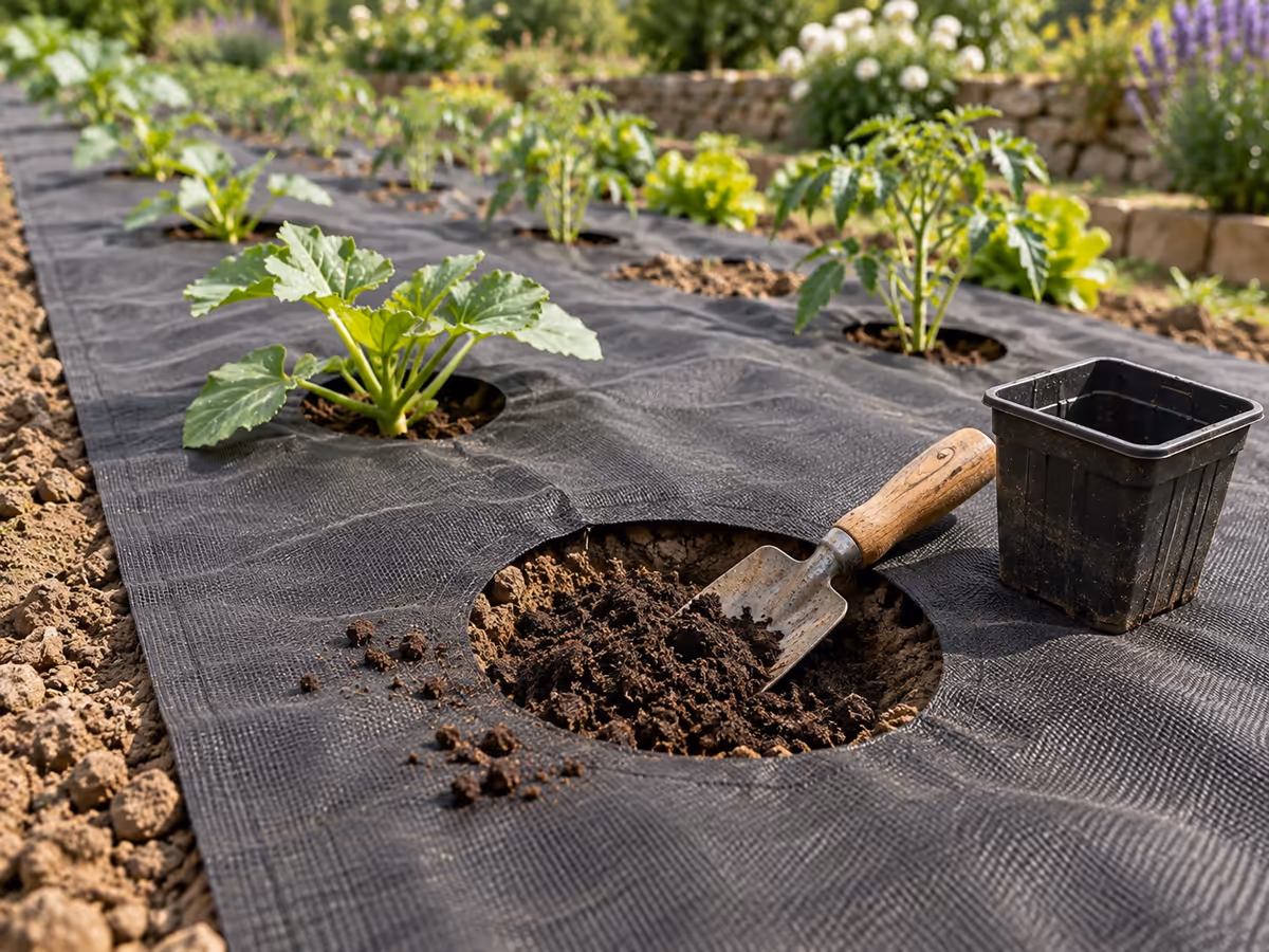 Poignée de compost mûr déposée au fond d'un trou de plantation ouvert dans une toile de paillage noire