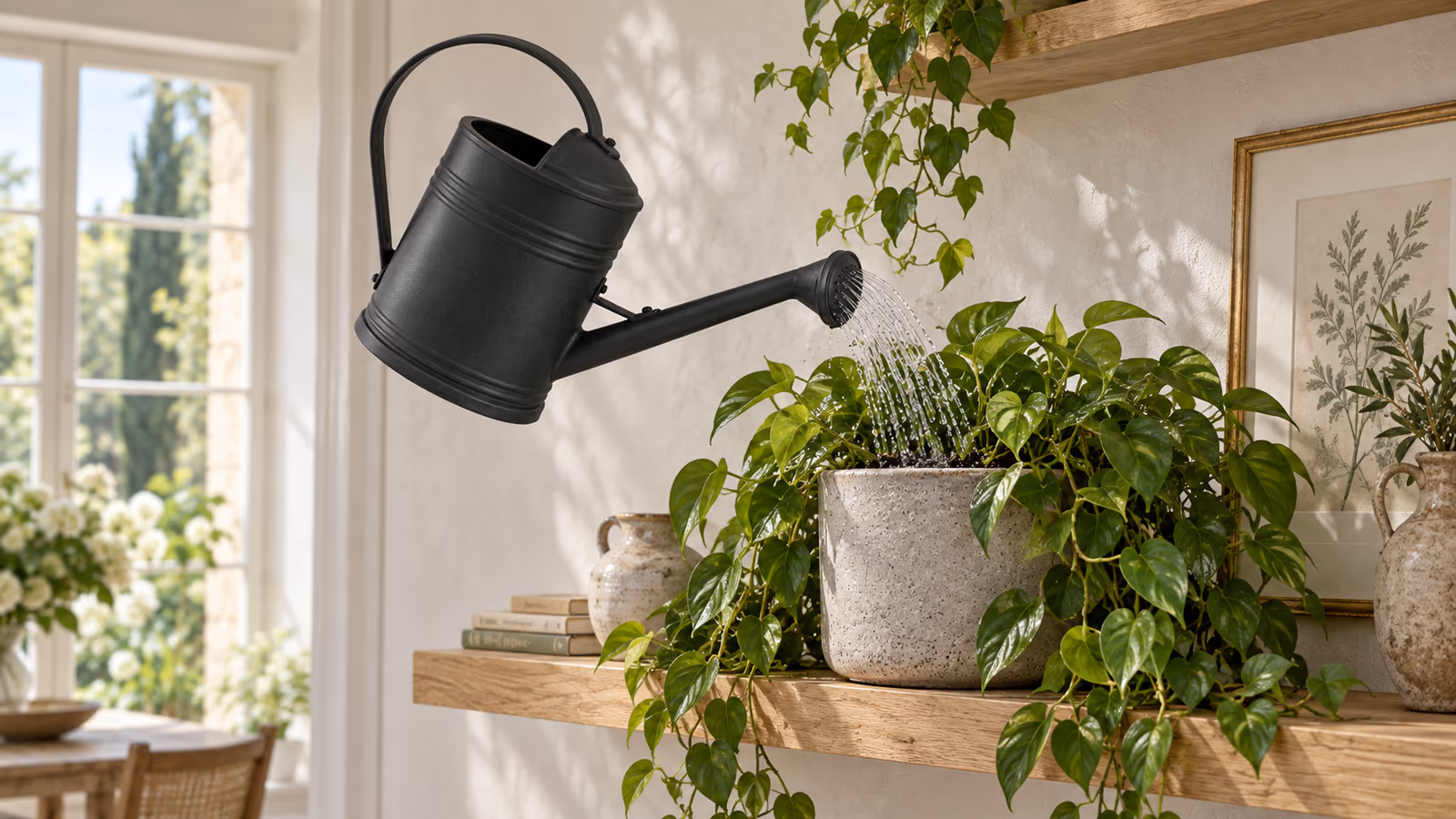 Arrosage d'une plante verte posée sur une étagère à l'aide d'un arrosoir à bec long noir