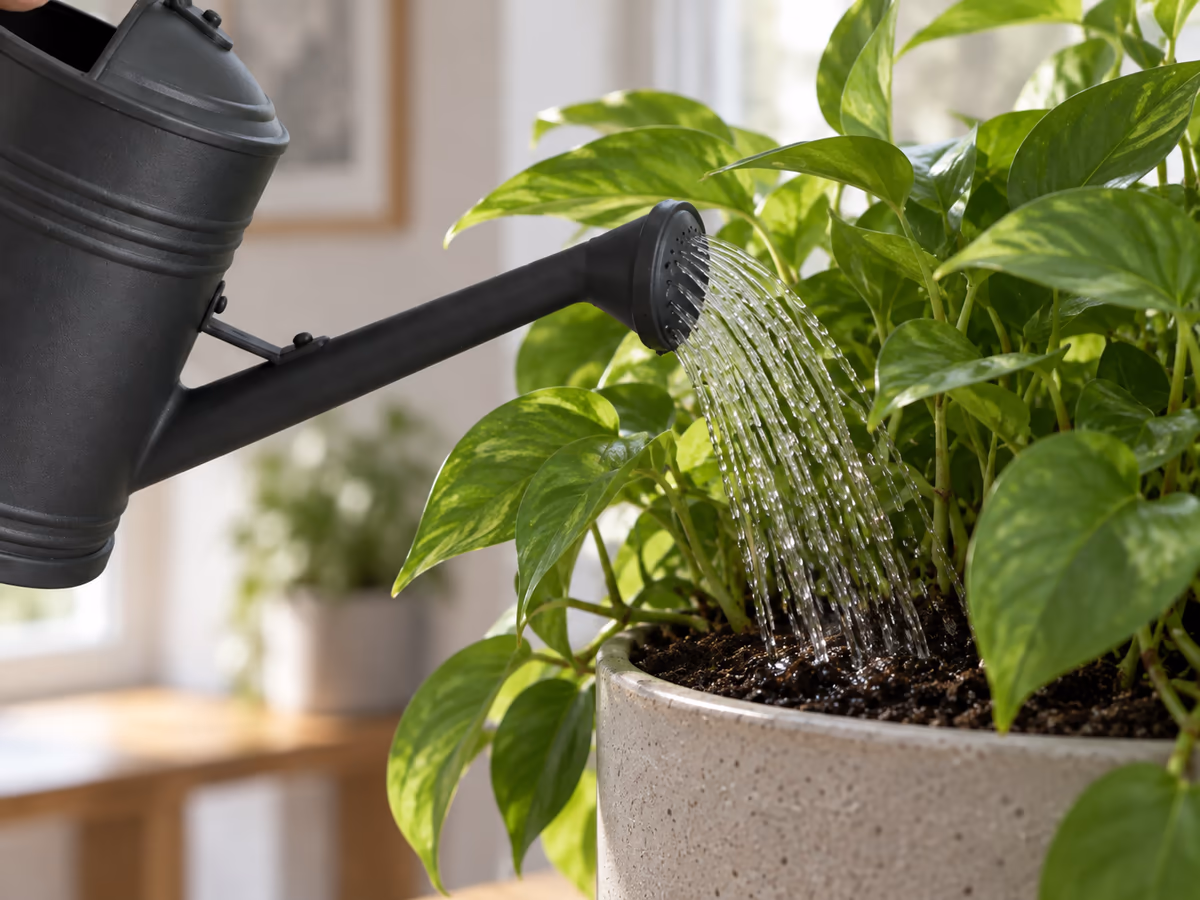 Gros plan sur un bec d'arrosoir noir qui verse un filet d'eau dans la terre, sous les feuilles d'une plante verte