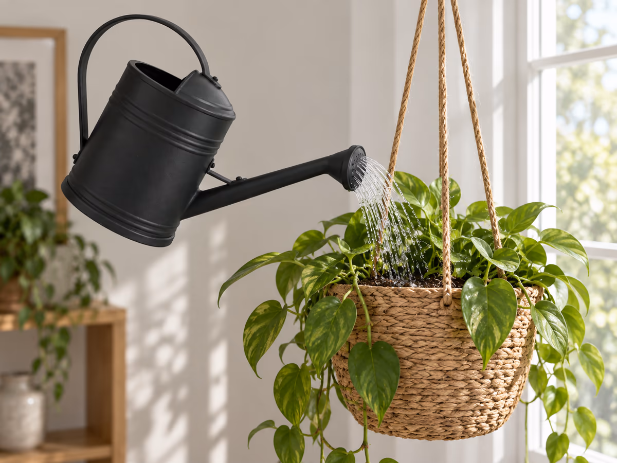 Une main retient un pot suspendu en fibre tressée pendant que l'autre verse de l'eau avec un arrosoir