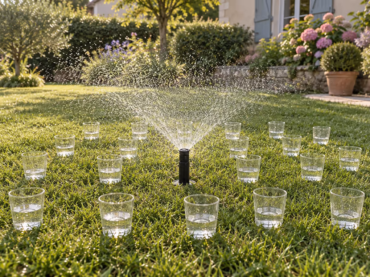 Récipients en verre posés en grille sur une pelouse autour d'un arroseur en marche, gouttes d'eau en suspension