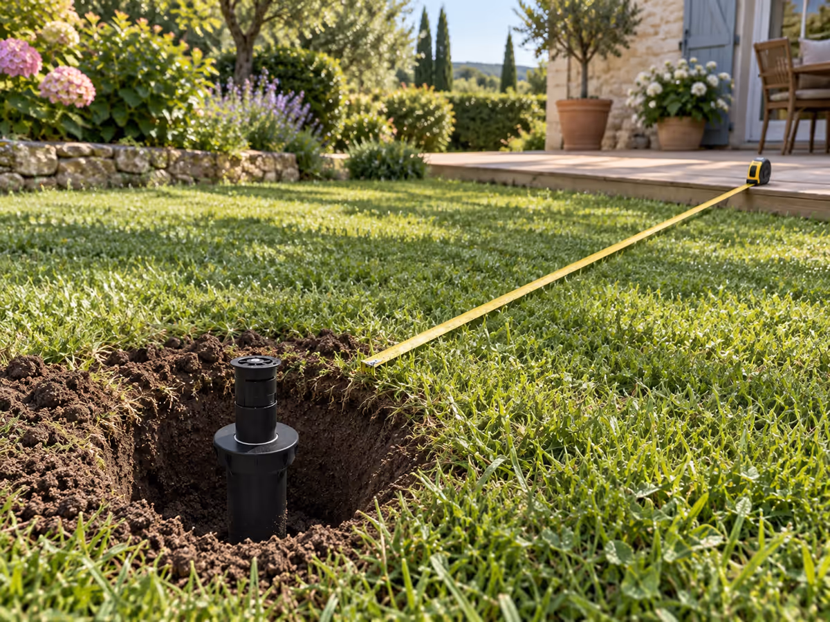 Trou de plantation dans une pelouse avec corps d'arroseur escamotable posé au fond, mètre ruban tendu vers une terrasse