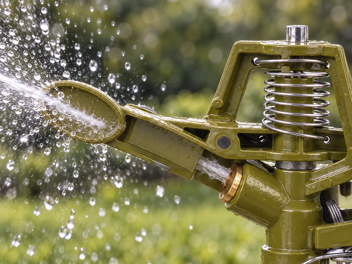 Gros plan sur le bras oscillant en métal et le ressort en acier inoxydable d'une tête d'arroseur à impulsion en cours de fonctionnement, gouttes d'eau en suspension
