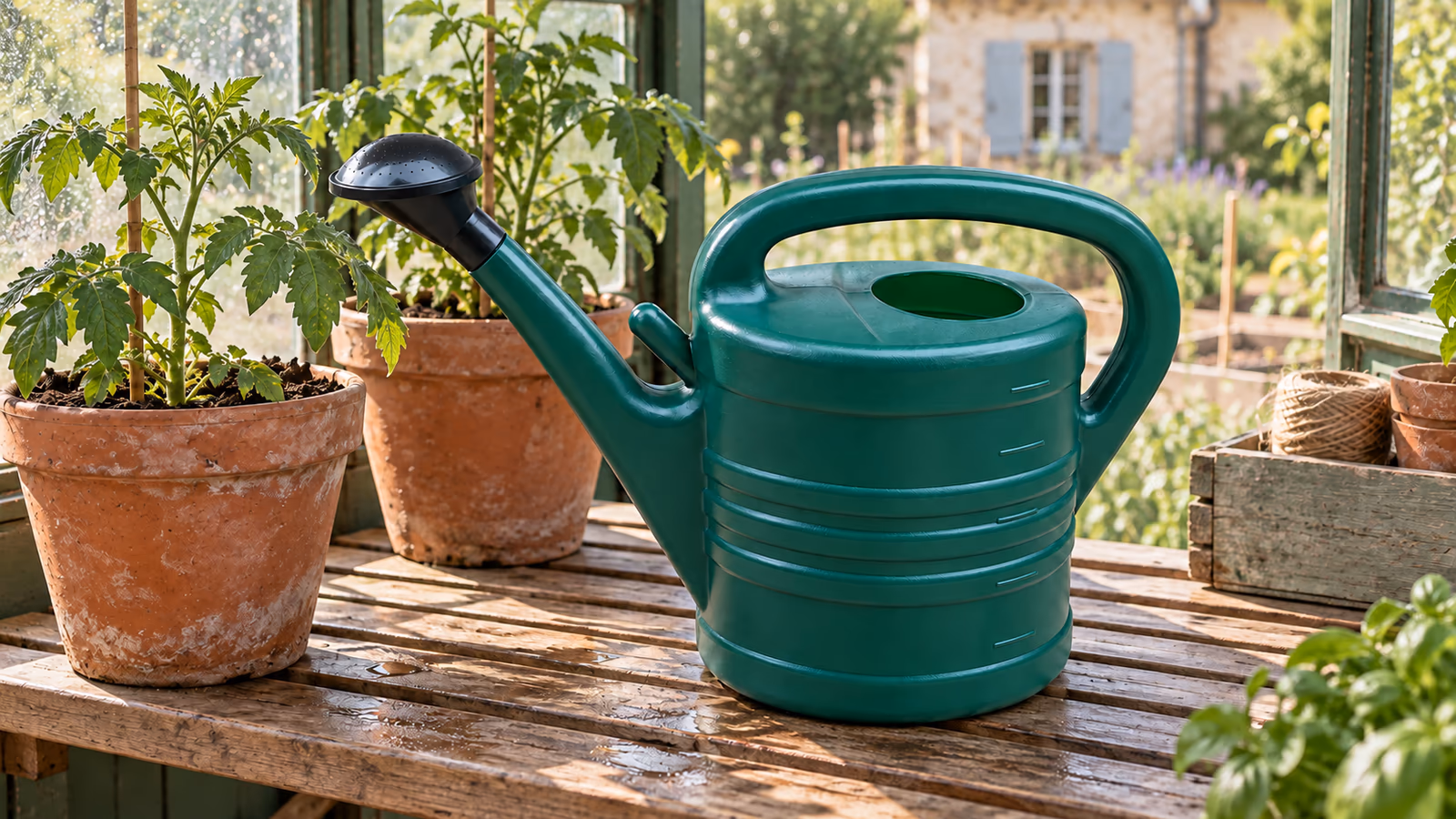 Arrosoir 5 litres vert foncé à long bec posé sur une étagère de serre, entre deux pots de tomates