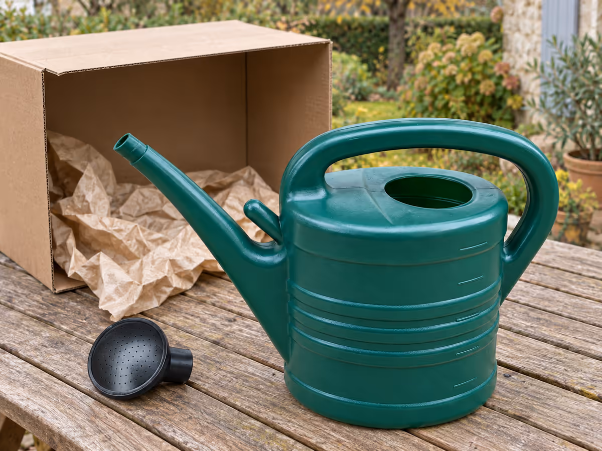 Arrosoir 5 litres vert foncé et sa pomme noire sortis de leur carton sur une table de jardin, papier d'emballage froissé