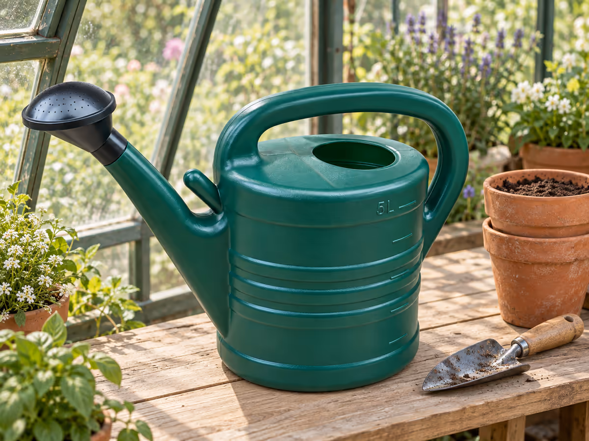 Arrosoir 5 litres vert foncé posé bec vers l'avant sur une étagère de serre, à côté de pots de terre