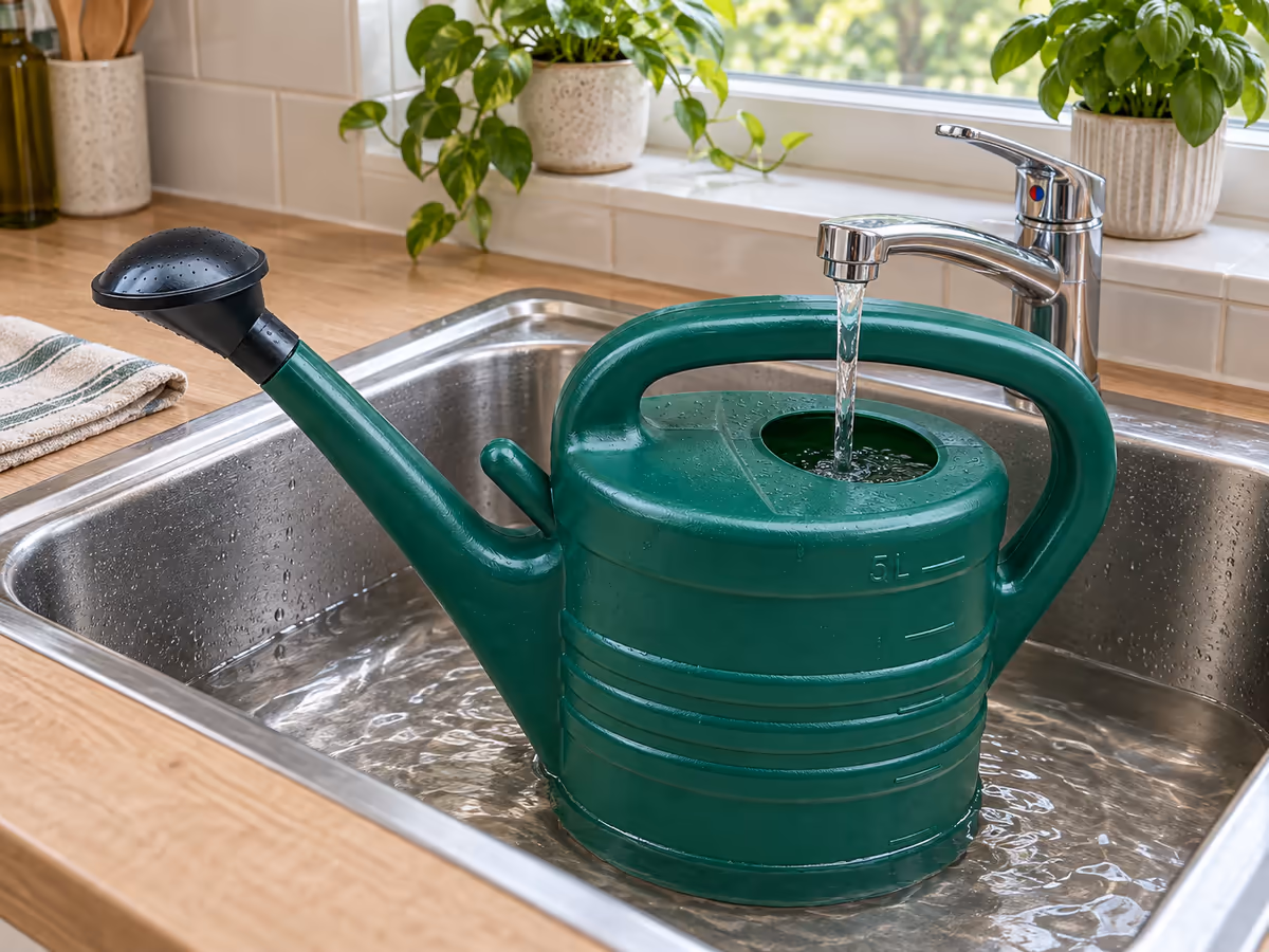 Arrosoir 5 litres vert foncé posé dans un évier de cuisine, sous un robinet bas, eau qui coule dans le corps