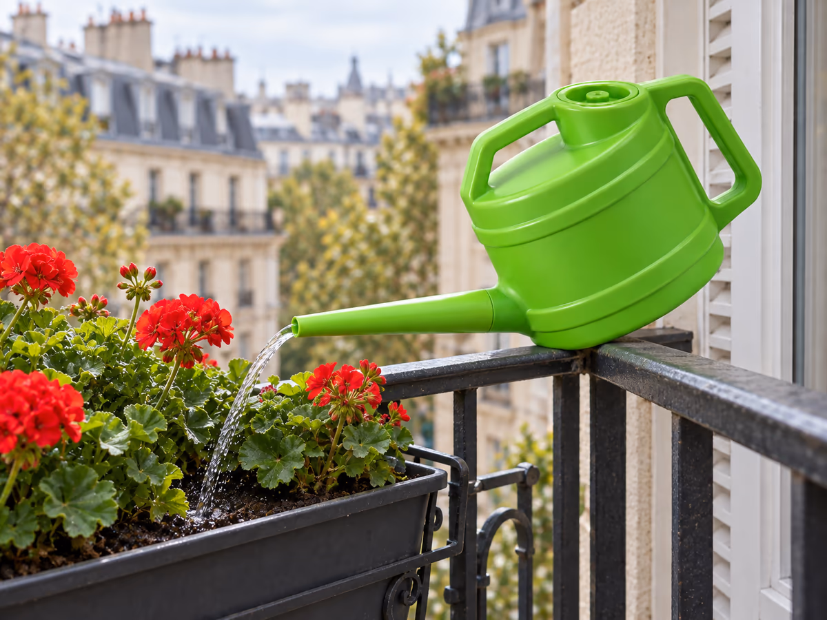 Filet d'eau versé d'un bec d'arrosoir au pied d'une jardinière de géraniums sur un balcon