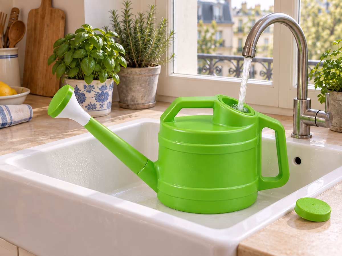 Remplissage d'un arrosoir vert de 2,5 L sous le robinet d'un évier de cuisine, couvercle posé à côté