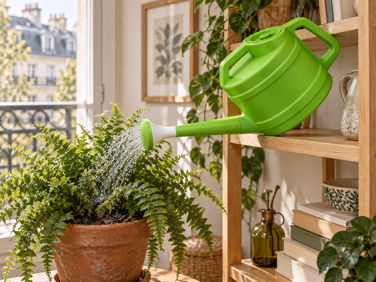Pluie fine tombant d'une pomme d'arrosoir sur un pot de fougère posé sur une étagère en bois