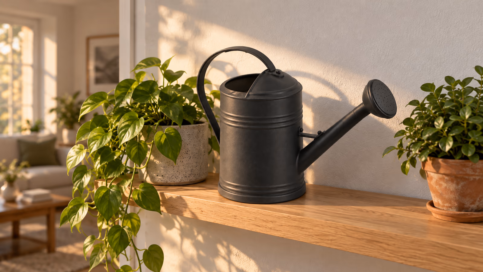 Arrosoir noir à bec long posé sur une étagère en bois, à côté d'un pot de plante verte, lumière basse de fin d'après-midi