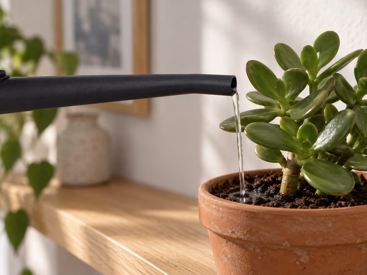 Bec long d'un arrosoir noir glissé au-dessus du bord d'un pot de plante grasse posé sur une étagère, eau tombant au pied de la tige