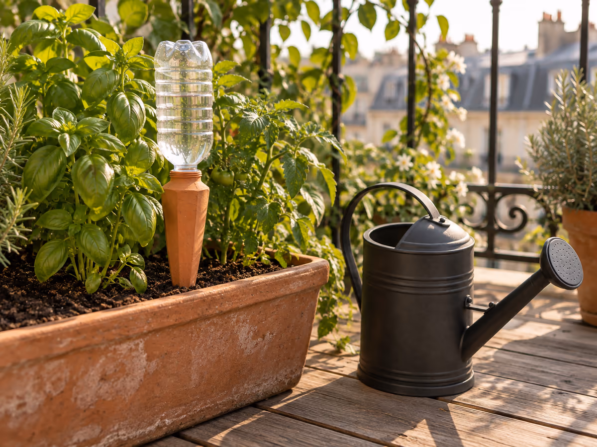 Pique d'arrosage en terre cuite plantée dans la terre d'un bac de balcon, bouteille d'eau vissée dessus, arrosoir de 2 L posé à côté sur une planche en bois