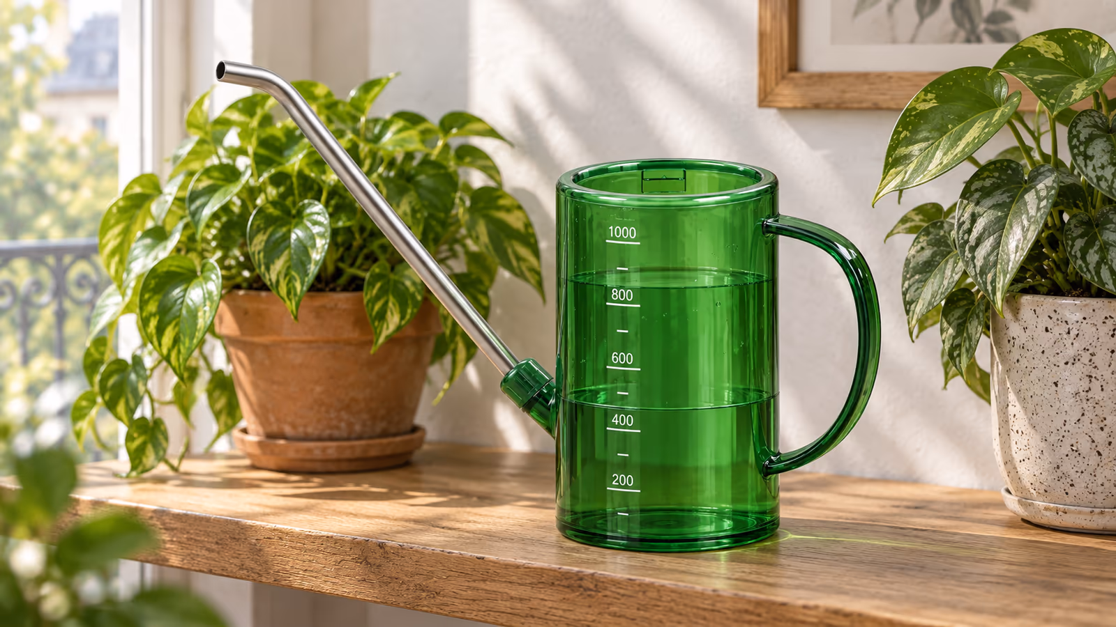 Arrosoir vert à long bec inoxydable posé sur une étagère de bois entre deux pots de plantes vertes