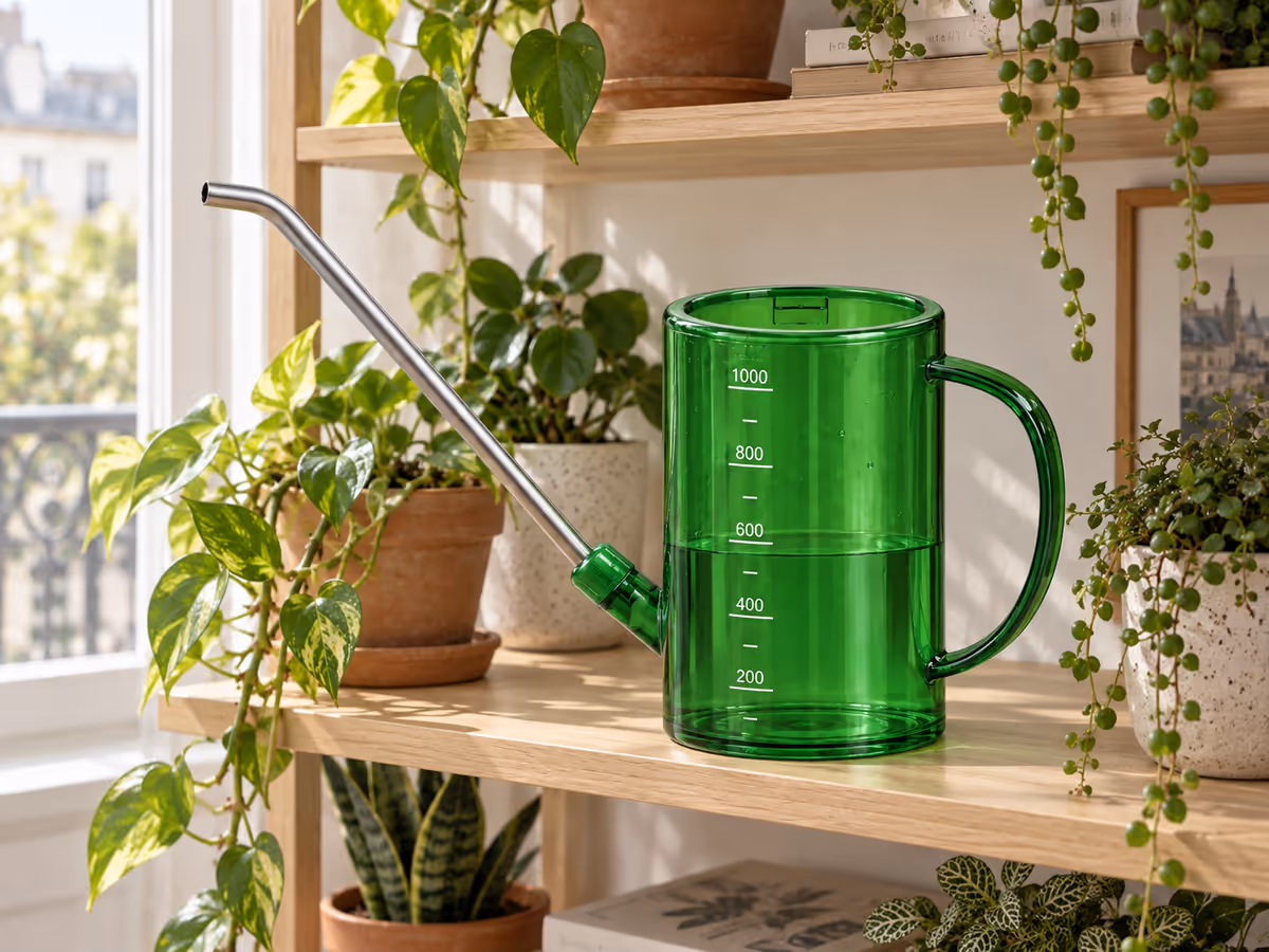 Arrosoir vert gradué posé sur une étagère claire devant quatre pots de plantes d'intérieur