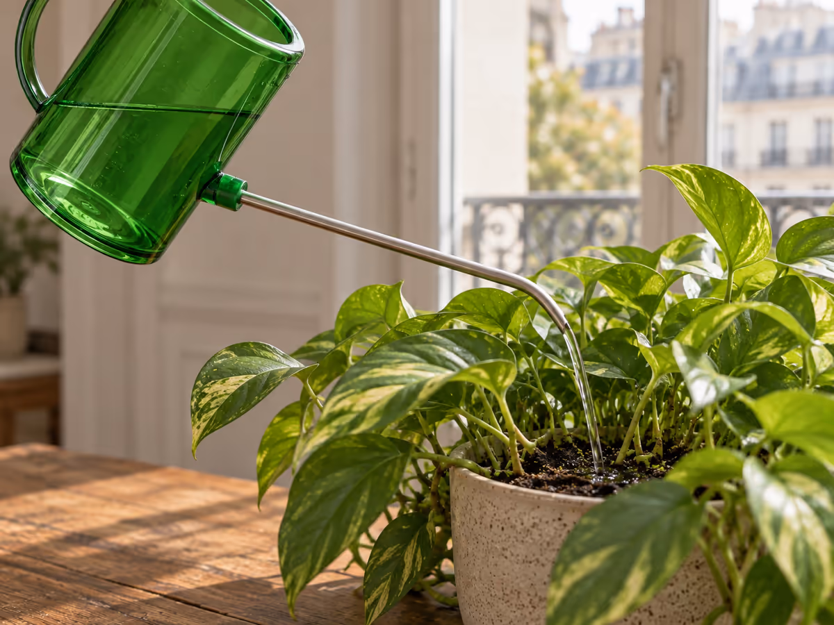 Bec long en acier inoxydable glissé entre les tiges serrées d'une plante en pot, au-dessus du terreau