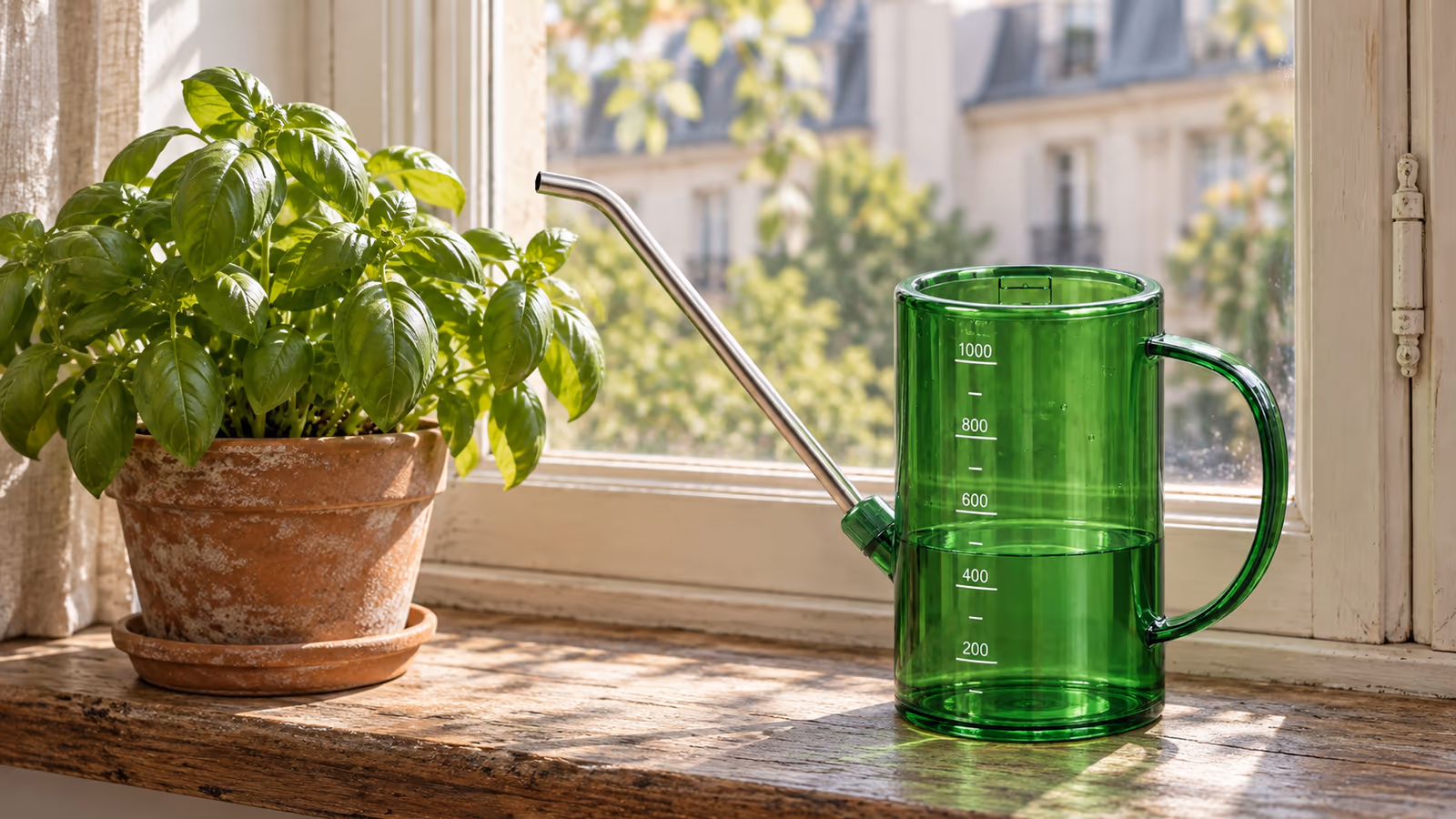 Arrosoir vert à corps translucide et bec long en acier inoxydable posé sur un rebord de fenêtre, près d'un pot de basilic