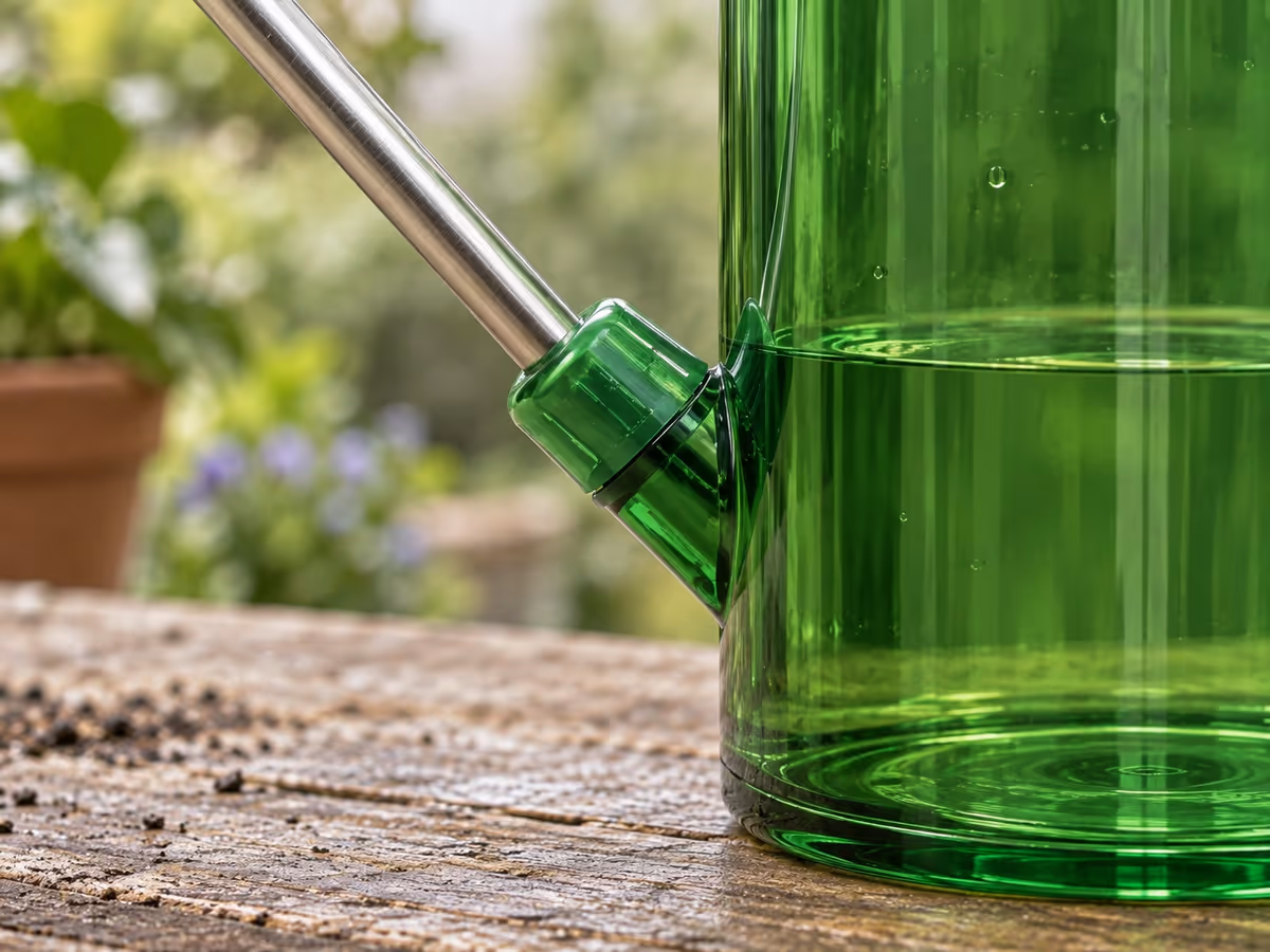 Gros plan sur le raccord d'un bec long en acier inoxydable, fixé en bas de paroi d'un arrosoir vert à corps translucide