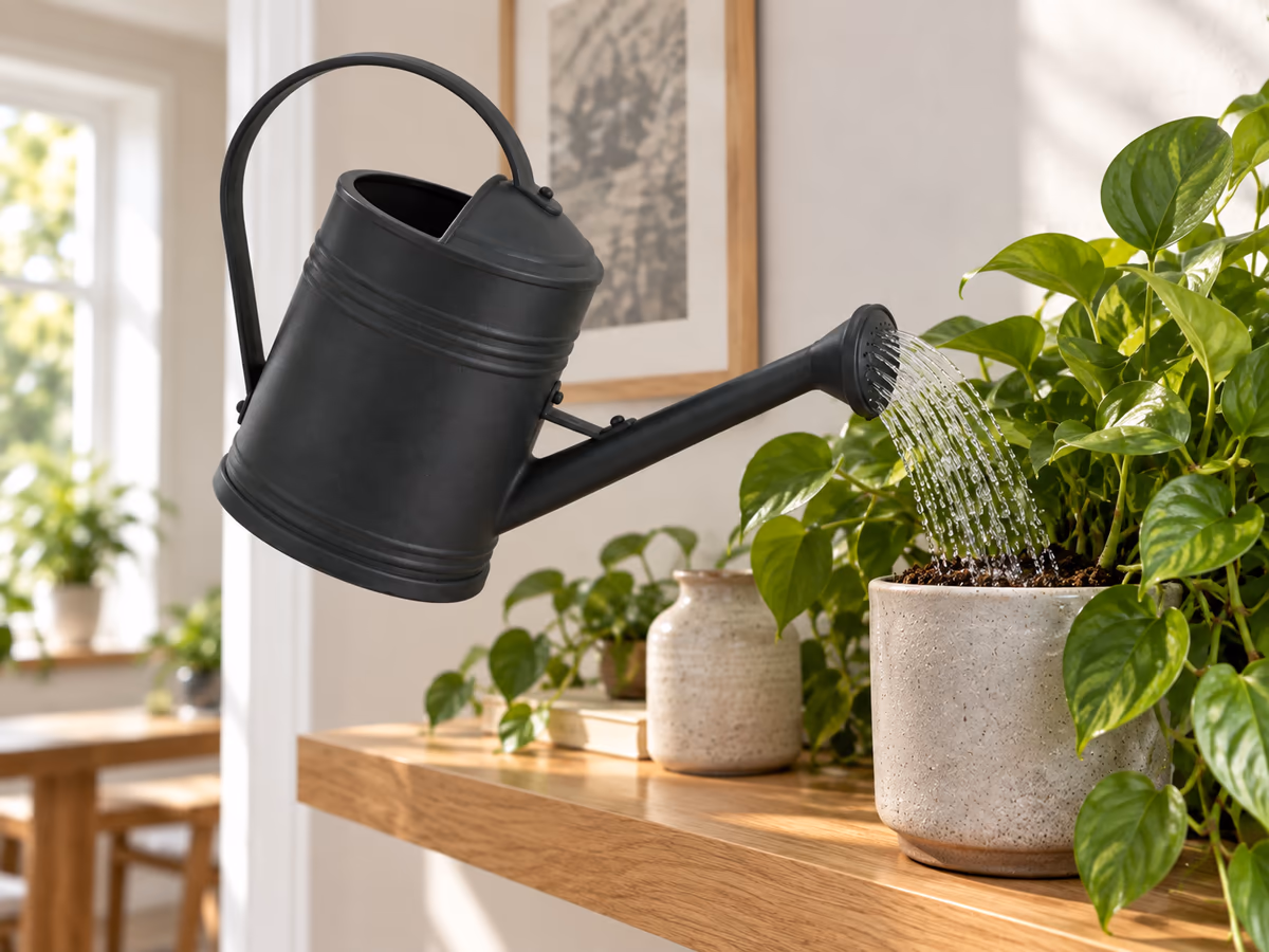 Jet d'eau versé au pied d'un pot de plante verte au fond d'une étagère en bois, arrosoir noir incliné au premier plan