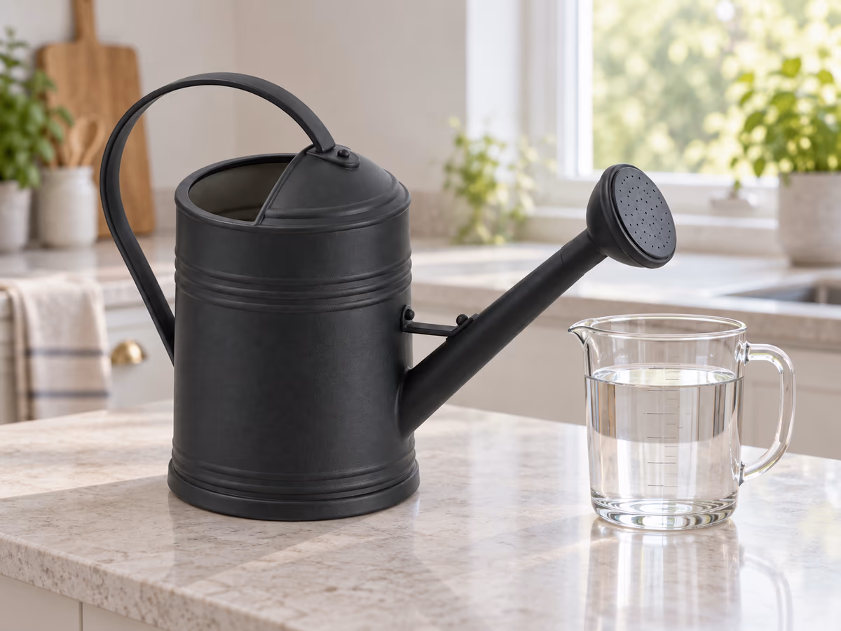 Arrosoir noir à long bec posé sur un plan de travail près d'un verre doseur rempli d'eau
