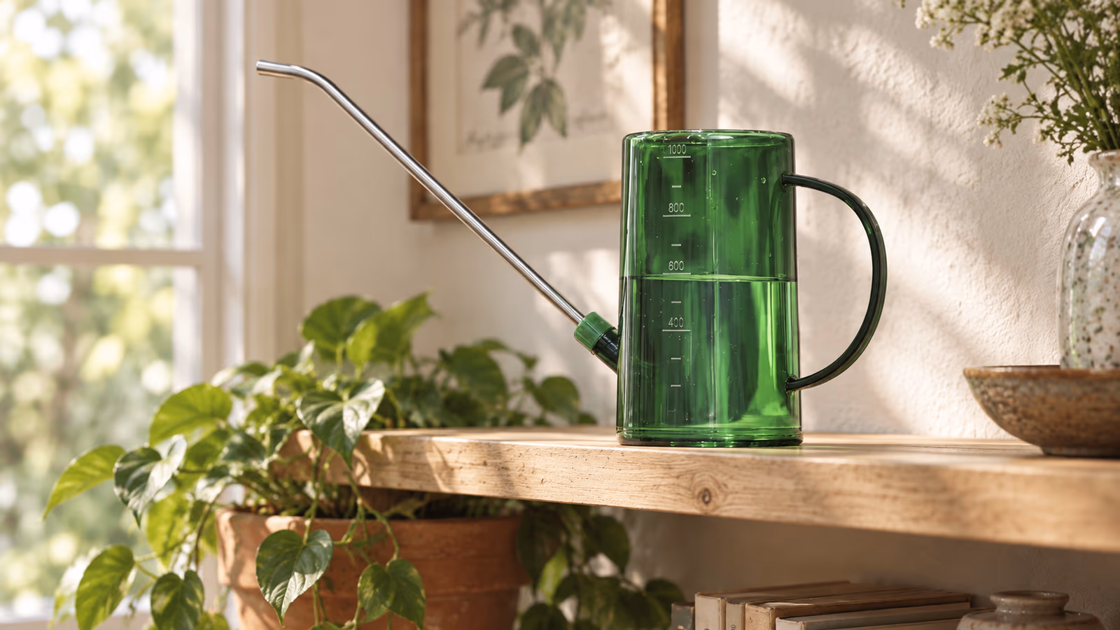 Arrosoir vert translucide à bec inox posé sur une étagère, au-dessus d'un pot de plante d'intérieur, lumière douce du matin
