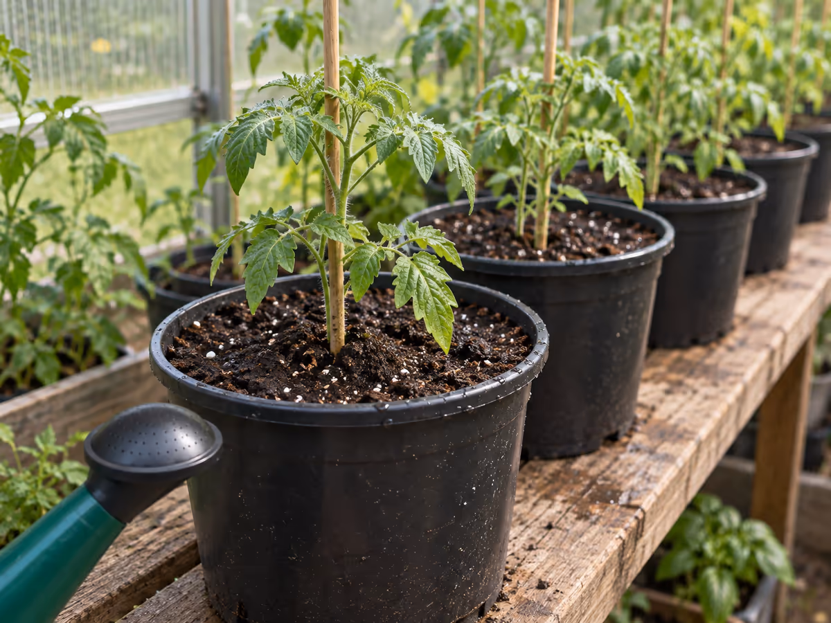Rangée de pots de tomates alignés sur une planche de serre, terre sombre et humide en surface