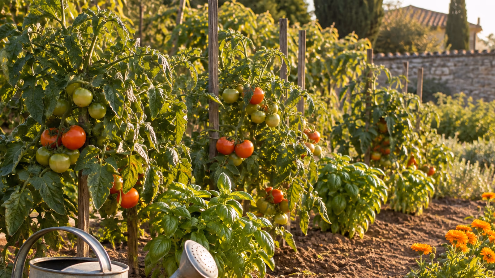 Rang de tomates tuteurées accompagné de pieds de basilic et de fleurs orange, avec deux arrosoirs en zinc, dans la lumière d'une fin de journée