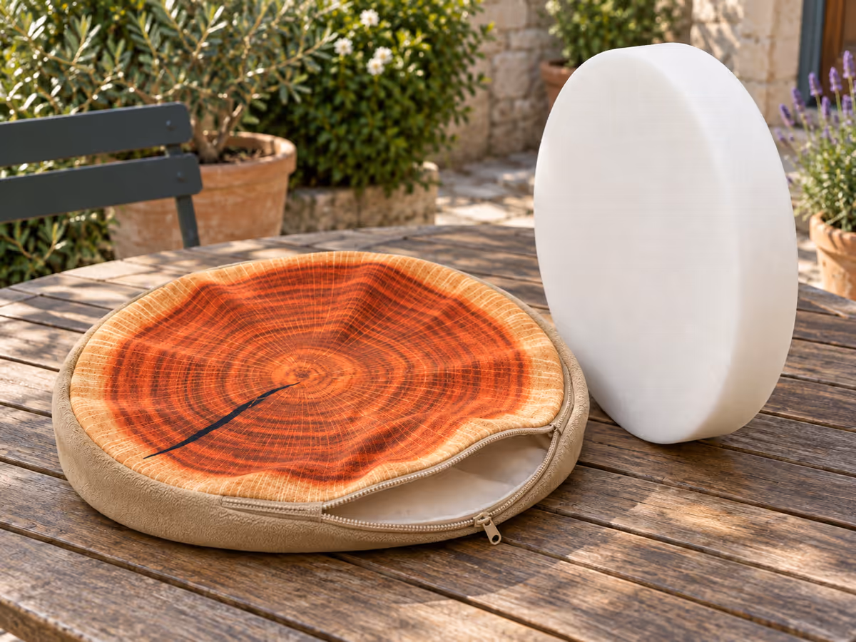 Housse du coussinet retirée, fermeture à glissière ouverte sur la tranche, mousse ronde posée à côté sur une table de jardin
