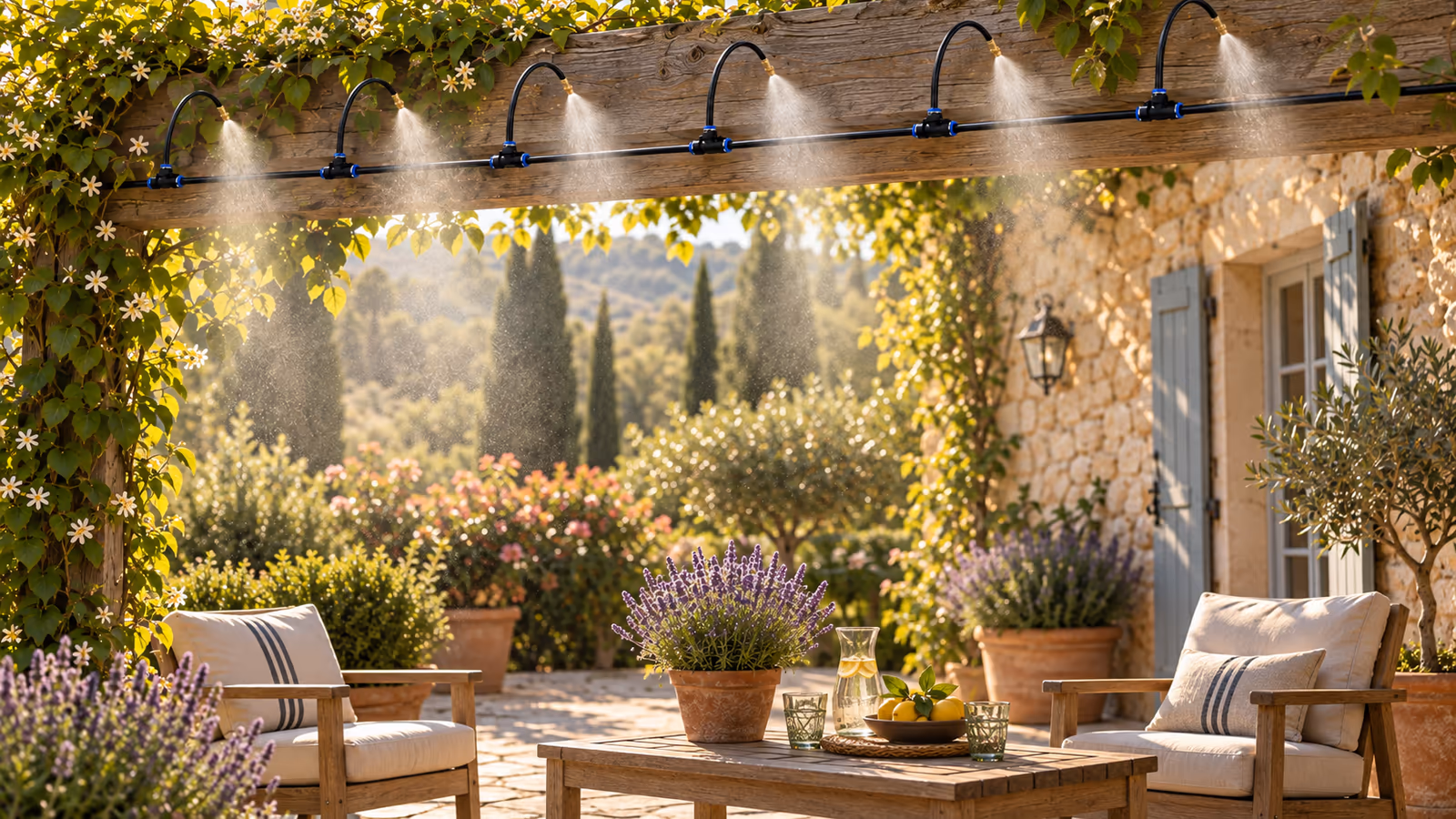 Ligne de brumisation fixée sous une pergola de terrasse, fine brume au-dessus d'un coin repas par un après-midi d'été