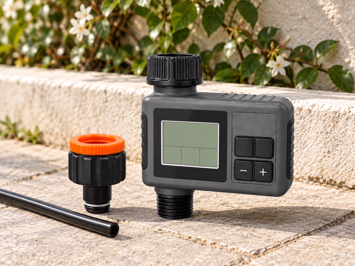 Programmateur d'arrosage anthracite à écran et quatre boutons posé contre un mur de terrasse, raccord de robinet à bague orange à côté
