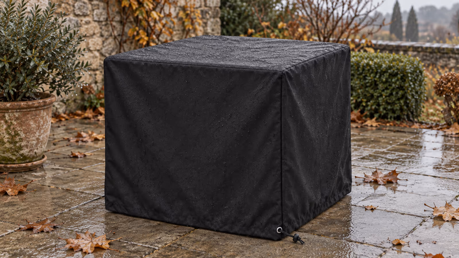 Table de jardin carrée en bois recouverte d'une housse de protection noire descendue jusqu'aux dalles, feuilles mortes au sol par un jour de pluie d'automne